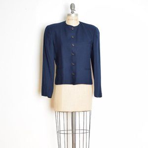 vintage 80s jacket navy blue wool button up blazer lightweight jacket M
